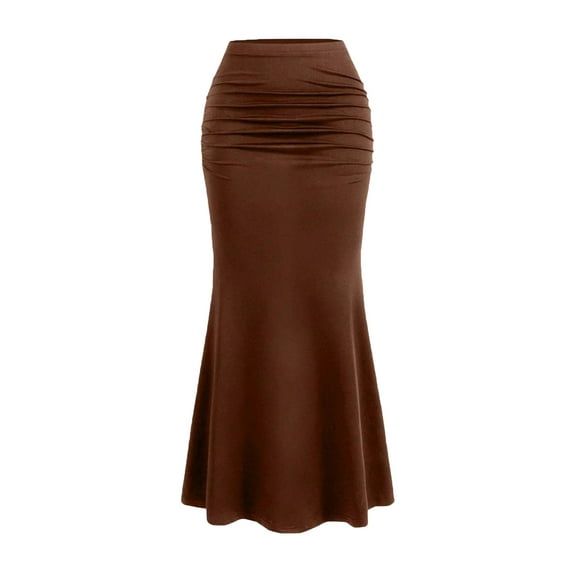 Women’s High Waist Ruched Mermaid Maxi Skirt Stretchy Slim Fit Long Skirt Flared Hem Elegant Simple Design Brown XL