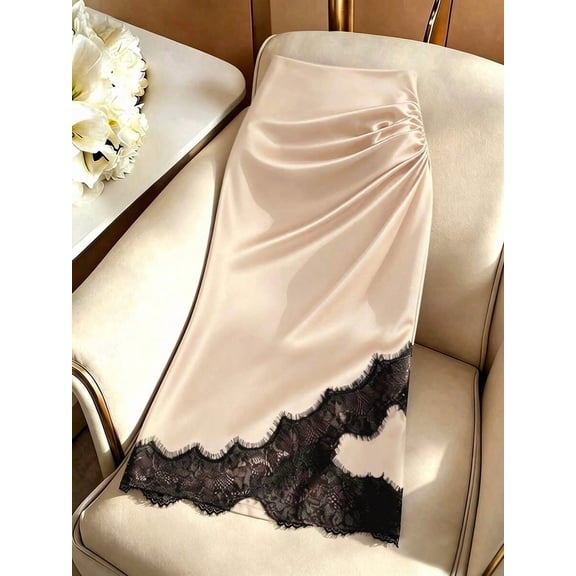 Women's High Waist Ruched Midi Skirt, Lace Trim Fitted Bodycon Skirt for Date Night, Party, Evening & Formal Occasions