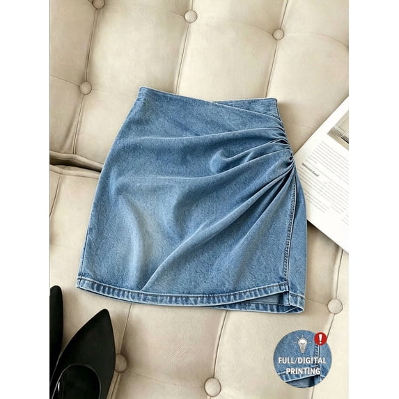 Women's High Waist Ruched Mini Skirt, Asymmetrical Hem Fitted Bodycon Skirt for Work, Office, Date Night & Everyday Wear