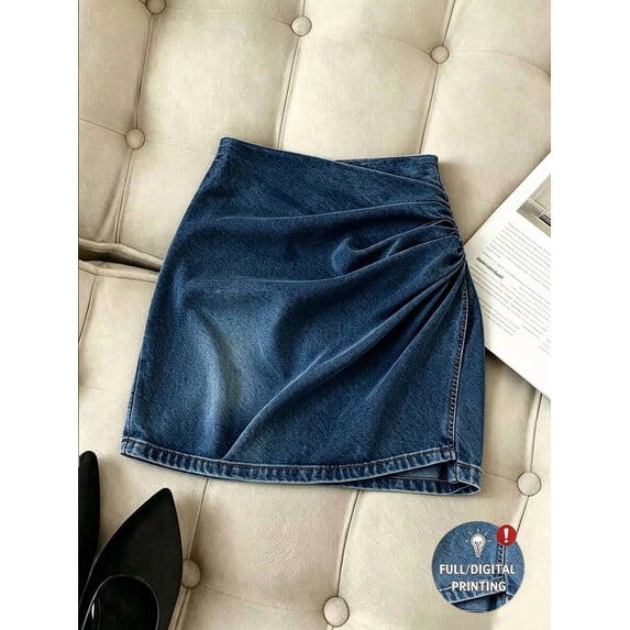 Women's High Waist Ruched Mini Skirt, Asymmetrical Hem Fitted Bodycon Skirt for Work, Office, Date Night & Everyday Wear