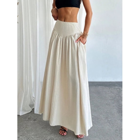 Women's High Waist Ruched Waist A Line Maxi Skirt with Pockets, Flared Long Skirt, Versatile Casual Skirt for Daily and Vacation Outfits