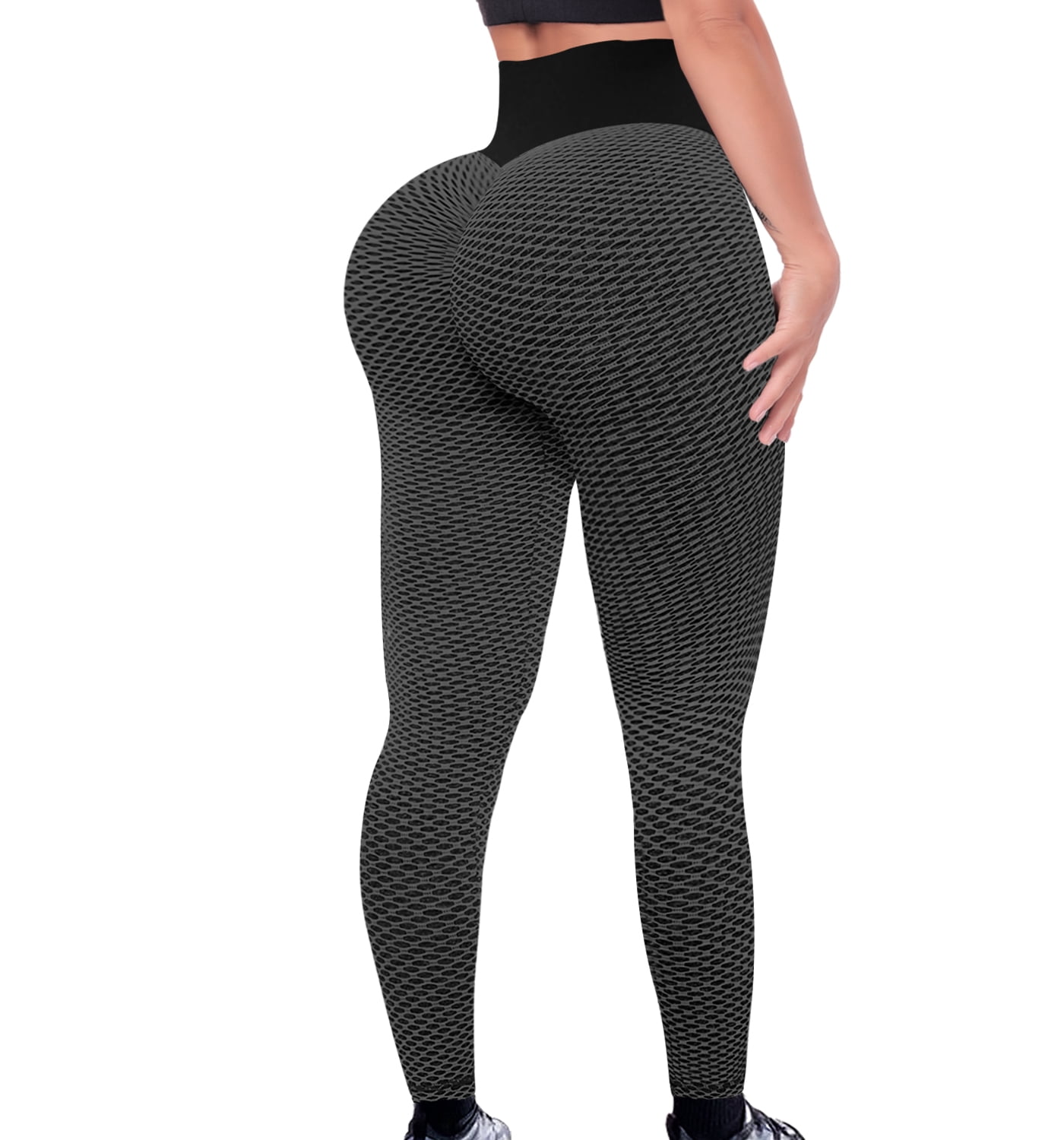 Women's High Waist Ruched Yoga Pants Tummy Control Textured Butt Lifting  Workout Leggings Stretchy Booty Scrunch Tights (Black, Large)