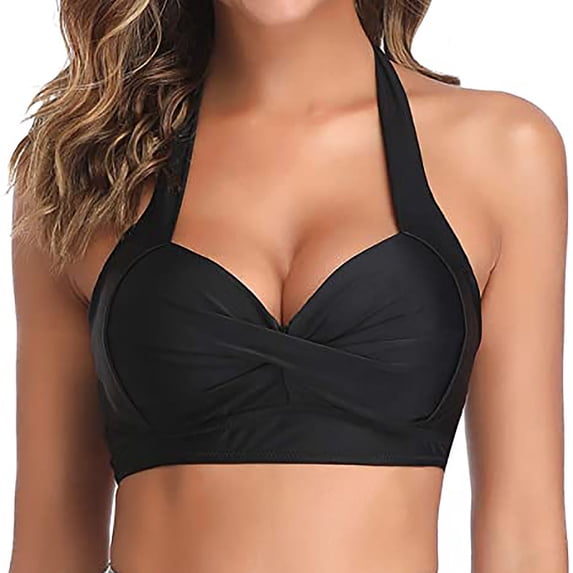 Women's High Waist Ruching Bikini Top with Padded Push-Up Bra and Adjustable Straps