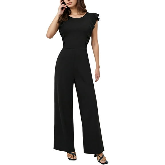 Women's High Waist Ruffled Wide Leg Jumpsuit Crew Neck, Stylish, Suitable for Spring/Summer, Polyester