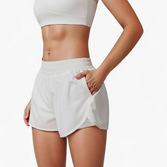 Women's High Waist Running Shorts with Built-In Liner and Side Pockets for Storage - Large, White