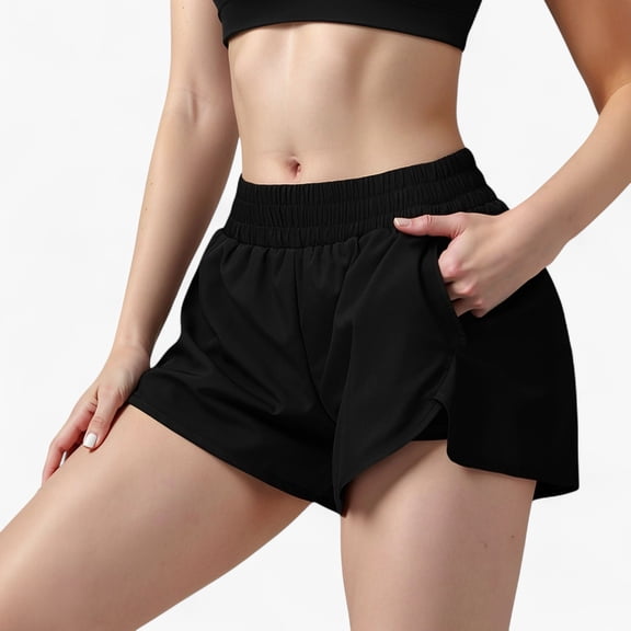 Women's High Waist Running Shorts with Built-In Liner and Side Pockets for Storage - Small, Black