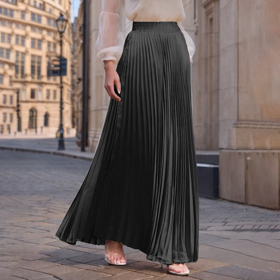 Women's High Waist Satin Maxi Skirt, Elegant Pleated A-Line Long Skirt with Elastic Waistband, Flowy Casual Midi Skirt for Daily Outings, Dates and Holiday Parties Black S