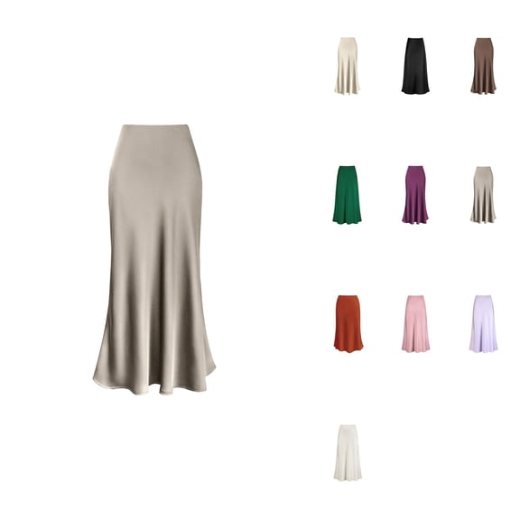 Women's High Waist Satin Maxi Skirt – Solid A-Line Long Skirt with Hidden Elasticized Waistband and Zipper