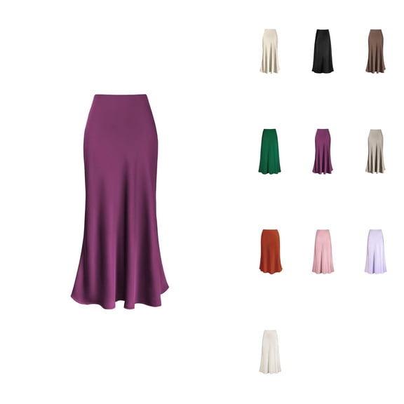 Women's High Waist Satin Maxi Skirt – Solid A-Line Long Skirt with Hidden Elasticized Waistband and Zipper