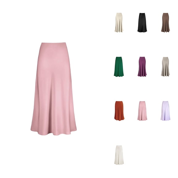 Women's High Waist Satin Maxi Skirt – Solid A-Line Long Skirt with Hidden Elasticized Waistband and Zipper