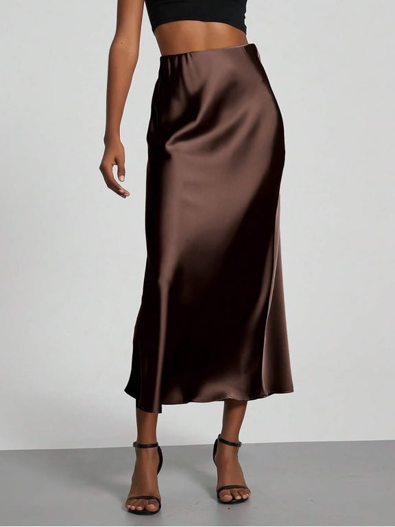 Women's High‑Waist Satin Midi Slip Skirt, Elastic Waist Flowy Silky Skirt, For Quiet Luxury Evening Party And Casual Dress‑Up Outfits