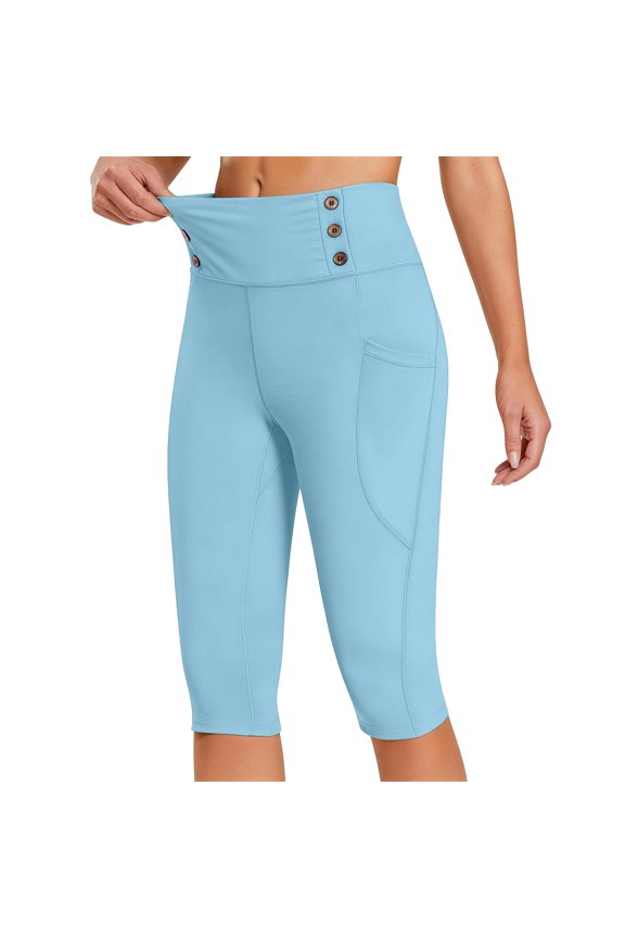 Women's High Waist Seamless Butt Lifting Yoga Shorts,Tummy Control Gym Workout Biker Shorts with Pockets and Button,Textured Compression Athletic Shorts for Summer Sky Blue XXL