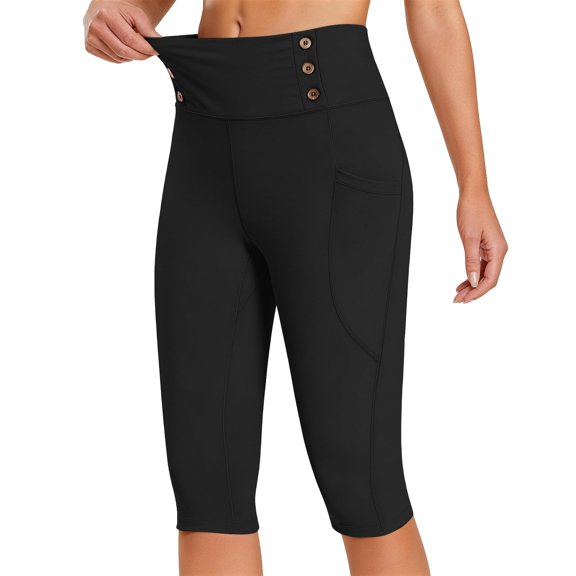 Women's High Waist Seamless Butt Lifting Yoga Shorts,Tummy Control Gym Workout Biker Shorts with Pockets and Button,Textured Compression Athletic Shorts for Summer Black L