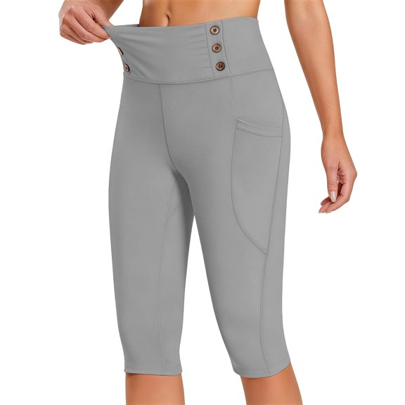 Women's High Waist Seamless Butt Lifting Yoga Shorts,Tummy Control Gym Workout Biker Shorts with Pockets and Button,Textured Compression Athletic Shorts for Summer Light Ashy L