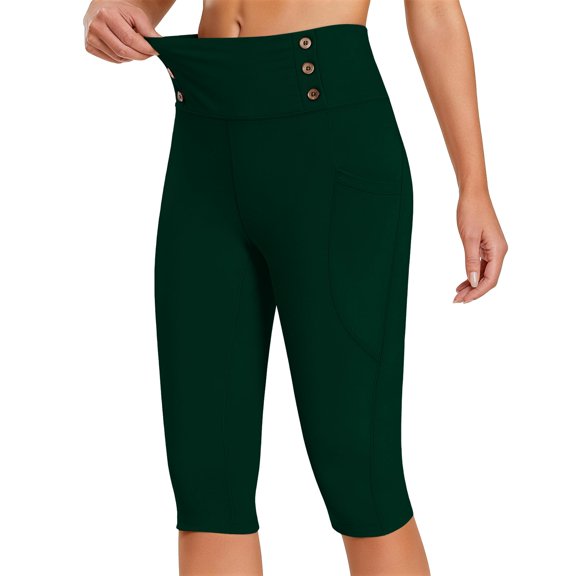 Women's High Waist Seamless Butt Lifting Yoga Shorts,Tummy Control Gym Workout Biker Shorts with Pockets and Button,Textured Compression Athletic Shorts for Summer Blackish Green L