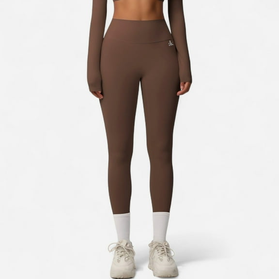 Women's High Waist Seamless Full-Length Leggings with Compression Fit Stretch Fabric and Minimal Logo Detail - Brown, Large
