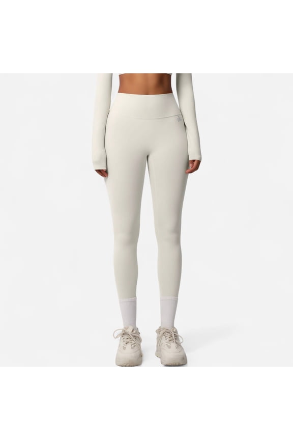 Women's High Waist Seamless Full-Length Leggings with Compression Fit Stretch Fabric and Minimal Logo Detail - Off White, Large