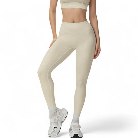 Women's High Waist Seamless Leggings with Subtle Textured Pattern - Large, Ivory