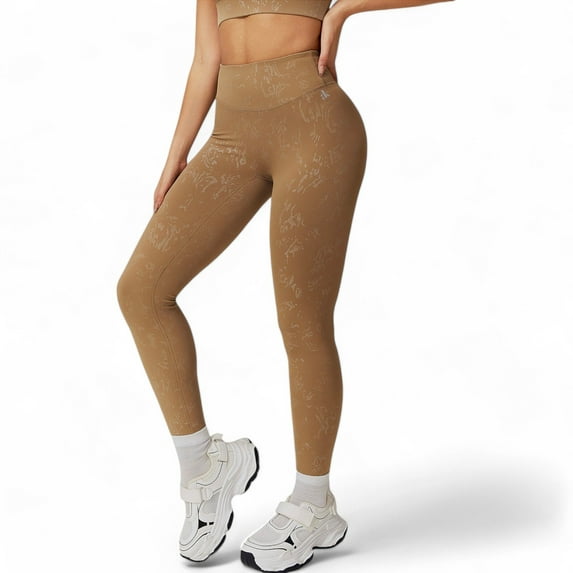 Women's High Waist Seamless Leggings with Subtle Textured Pattern - Medium, Khaki