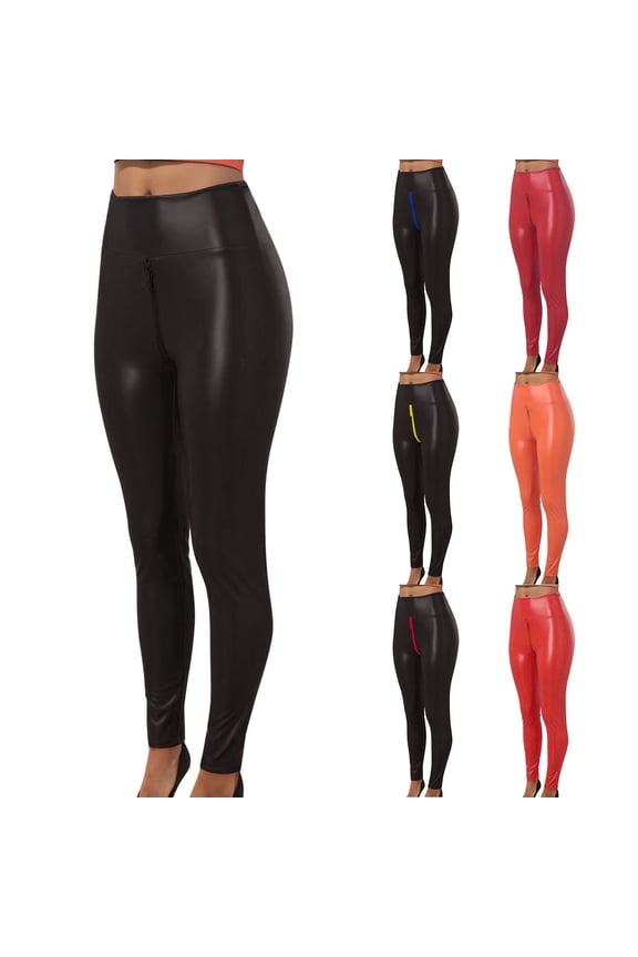 Women's High Waist Shiny Yoga Pants, Open Zipper Workout Leggings, Butt Lifting Slim Fit Faux Leather Tights for Yoga, Gym, Running and Casual Wear-BK1