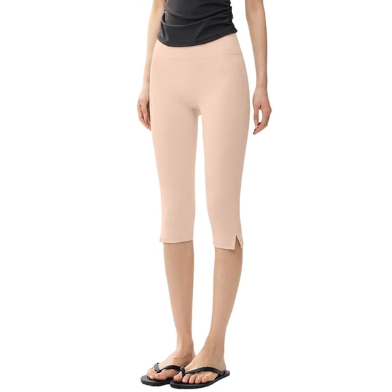 Women's High Waist Side Slit Capri Leggings, Butt Lifting Tight Fit Yoga Pants with Slimming Effect, Stretchy Workout Crop Tights for Running Fitness Gym Daily Wear Light Pink M