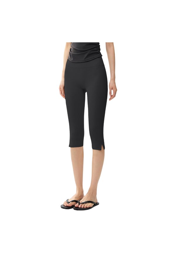 Women's High Waist Side Slit Capri Leggings, Butt Lifting Tight Fit Yoga Pants with Slimming Effect, Stretchy Workout Crop Tights for Running Fitness Gym Daily Wear Dark Gray S