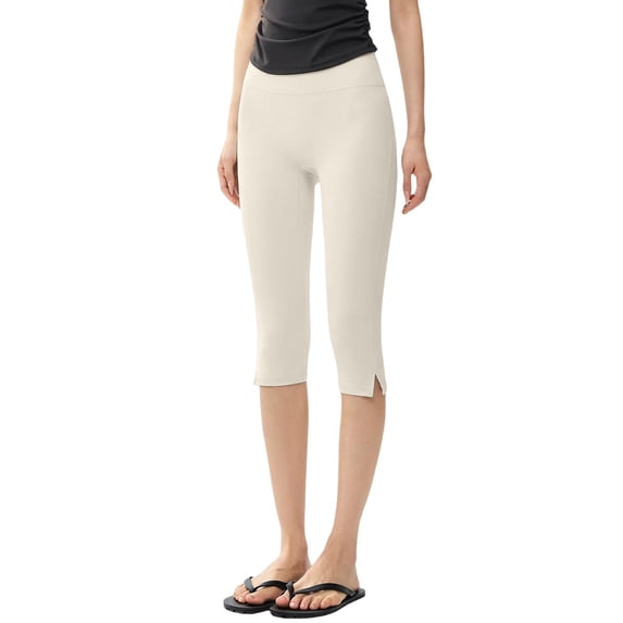 Women's High Waist Side Slit Capri Leggings, Butt Lifting Tight Fit Yoga Pants with Slimming Effect, Stretchy Workout Crop Tights for Running Fitness Gym Daily Wear Beige L