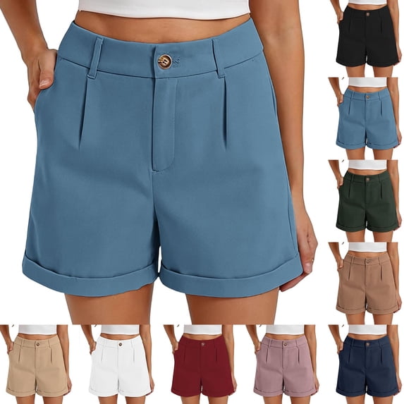 Women's High Waist Single Button Pleated Cuffed Hem Dressy Casual Suit Shorts with Pockets,Blue,Women's Plus Size L