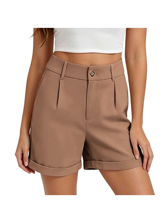 Women's High Waist Single Button Pleated Cuffed Hem Dressy Casual Suit Shorts with Pockets,Khaki,Women's Plus Size XL