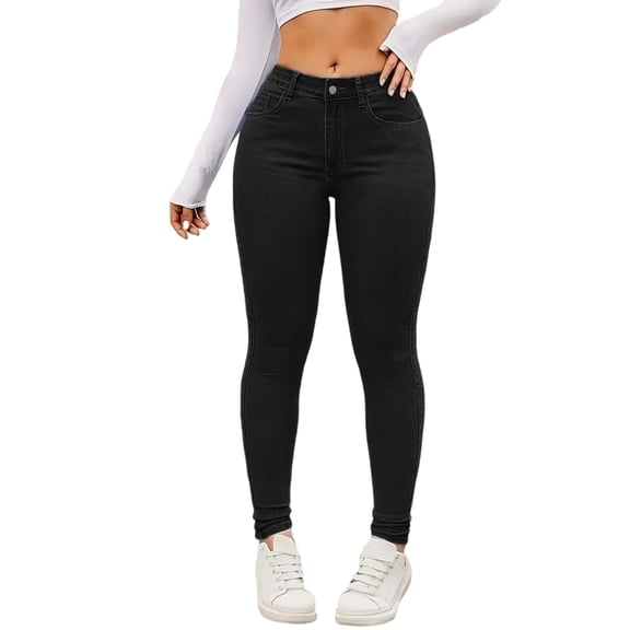 Women's High Waist Skinny Jeans - Moderate Stretch Denim Pants, Black Size M