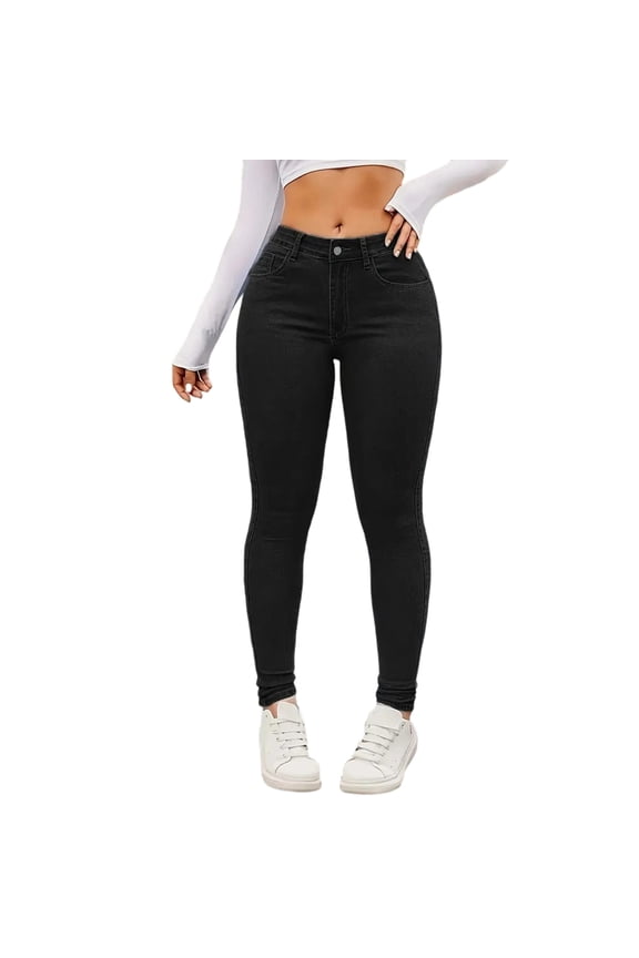Women's High Waist Skinny Jeans - Moderate Stretch Denim Pants, Black Size M