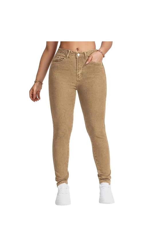 Women's High Waist Skinny Jeans - Moderate Stretch Denim Pants, Khaki Size XXL