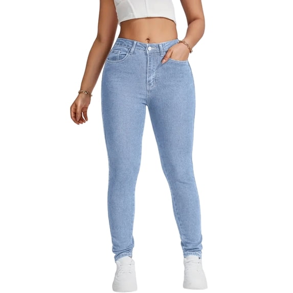 Women's High Waist Skinny Jeans - Moderate Stretch Denim Pants, Light Blue Size L