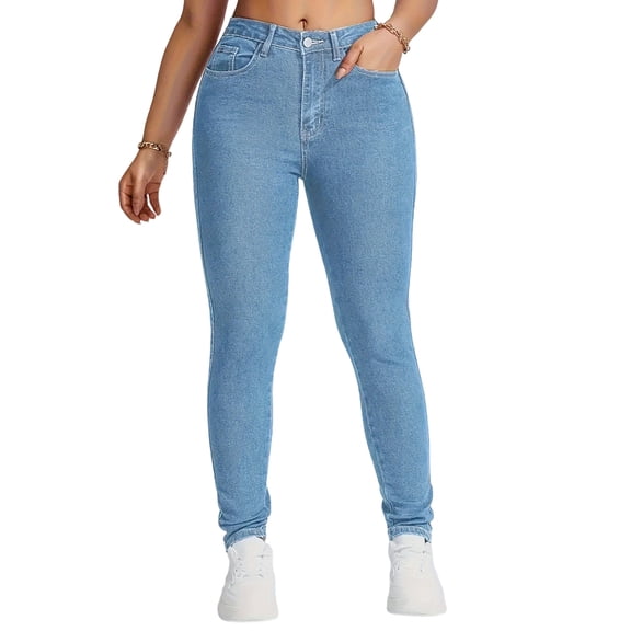 Women's High Waist Skinny Jeans - Moderate Stretch Denim Pants, Light Blue Size XXXXL
