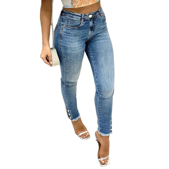 Women's High Waist Skinny Jeans with Frayed Hem & Button Ankle Detail, Stretch Denim Pants for Casual Wear