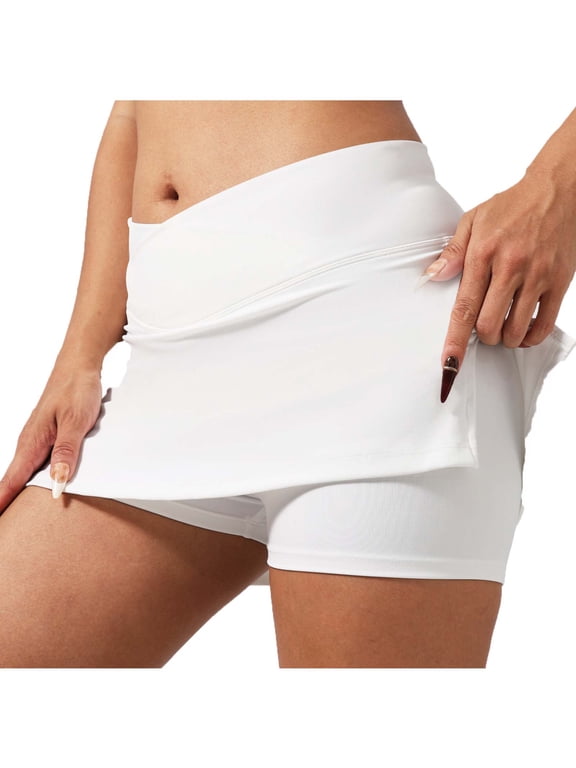 Women's High Waist Skort Skirt Slit Hem Built-in Shorts Quick Dry Athletic Skirt for Workout,White,S