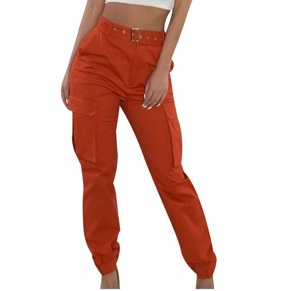 Women's High Waist Slim Fit Jogger Cargo Pants Multi-pocket Trackpants for Women with Matching Belt