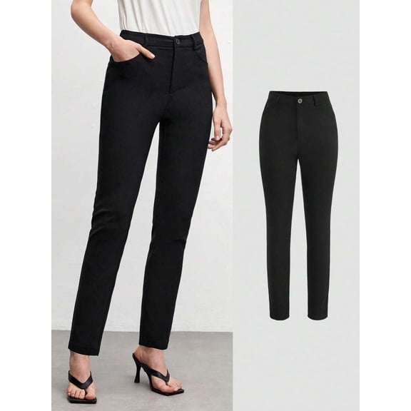 Women's High Waist Slim Fit Trousers, Button Closure Pants with Slant Side Pockets, Business Casual Office Work Formal Bottoms
