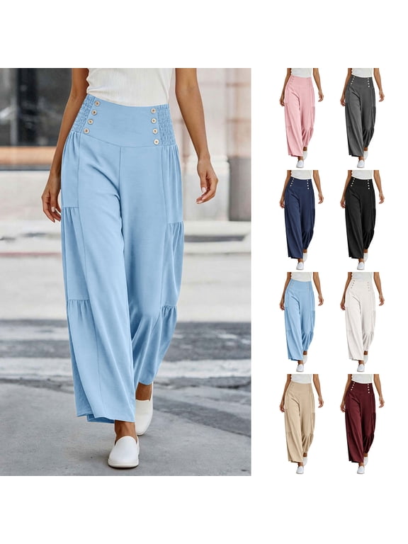 Women's High Waist Smocked Wide Leg Pants, Button Decor Tiered Flowy Polyester Trousers, Soft Airy Casual Bottoms for Party Vacation Daily | TruHer,Beige L