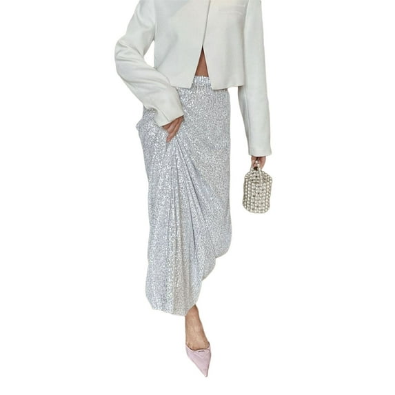 Women's High Waist Sparkly Sequins Midi Skirt Pencil Cocktail Party Skirt