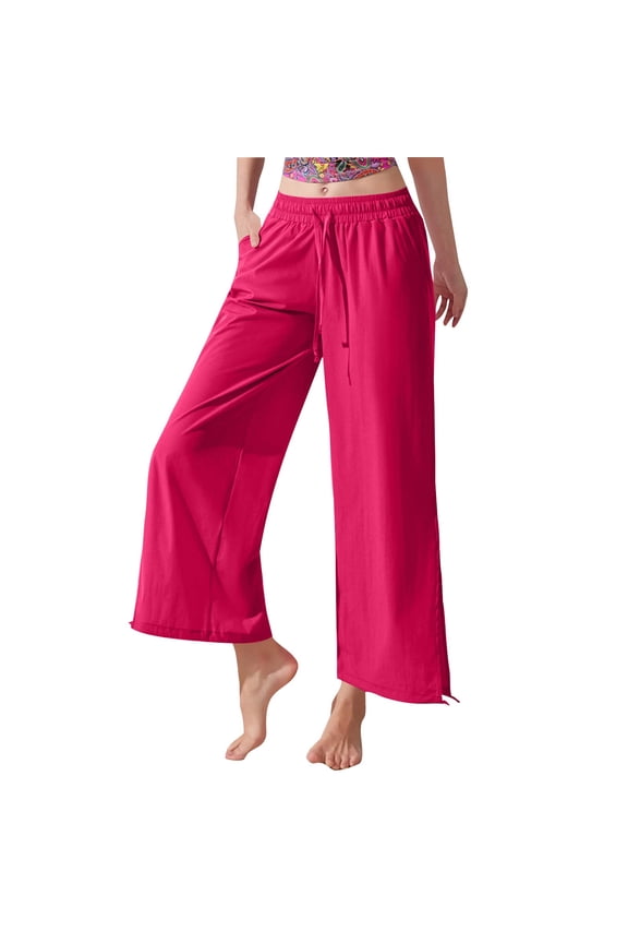 Women's High Waist Split Hem Pants, Loose Wide Leg Cuffed Cropped Trousers, Trendy Casual Pants for Fashion Forward Style or City Outings, Hot Pink XL