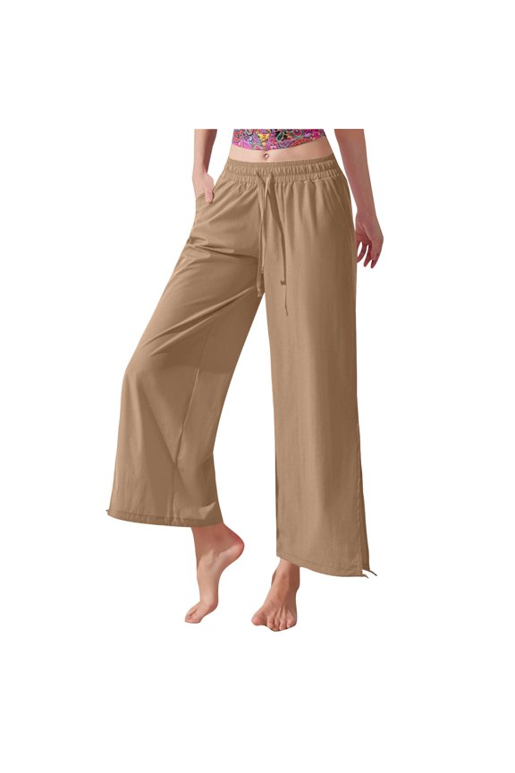 Women's High Waist Split Hem Pants, Loose Wide Leg Cuffed Cropped Trousers, Trendy Casual Pants for Fashion Forward Style or City Outings, Light Brown XL