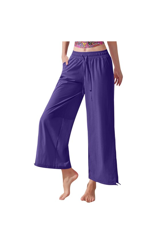 Women's High Waist Split Hem Pants, Loose Wide Leg Cuffed Cropped Trousers, Trendy Casual Pants for Fashion Forward Style or City Outings, Purple M
