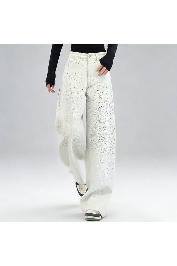 Women's High Waist Starry Print Flared Jeans Vintage Patchwork Rhinestone Embellished Distressed Denim Pants Stylish Wide Leg Trousers For Spring And Fall White XXL