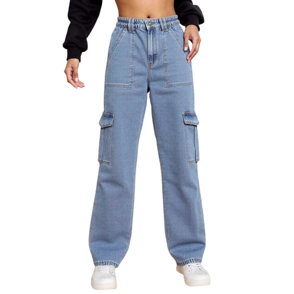 Women's High Waist Straight Leg Cargo Jeans Trendy Stretchy Denim Pants Casual Wide Leg Work Utility