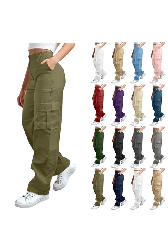 Women's High Waist Straight Leg Cargo Pants,Multi Side Pockets with Button,Army Green,Women's Capri XXL