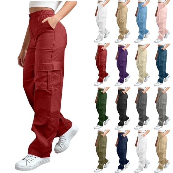 Women's High Waist Straight Leg Cargo Pants,Multi Side Pockets with Button,Wine,Women's Capri M