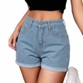thumbnail image 1 of Women's High Waist Straight Leg Denim Shorts with Pockets Solid Color Cuffed Fit Jean Beach Vacation Shorts L, 1 of 5