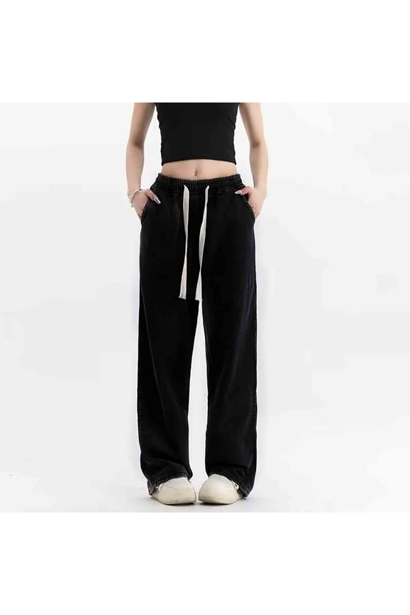 Women's High Waist Straight Leg Jeans, Drawstring Waist Baggy Mom Jeans, Relaxed Fit Wide Leg Denim Pants for Casual Wear, Street Style and Daily Outfits-Black A
