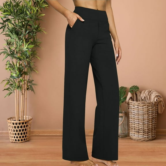 Women's High Waist Straight Leg Pants, Casual Loose Fit Pull-On Pants with Pockets, Solid Color Yoga Inspired Daily Pants for Multiple Occasions, Comfortable Elastic Waist Lounge Pants for Women